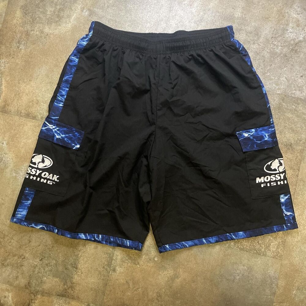 mossy oak fishing water shorts black and blue water pattern sides size medium